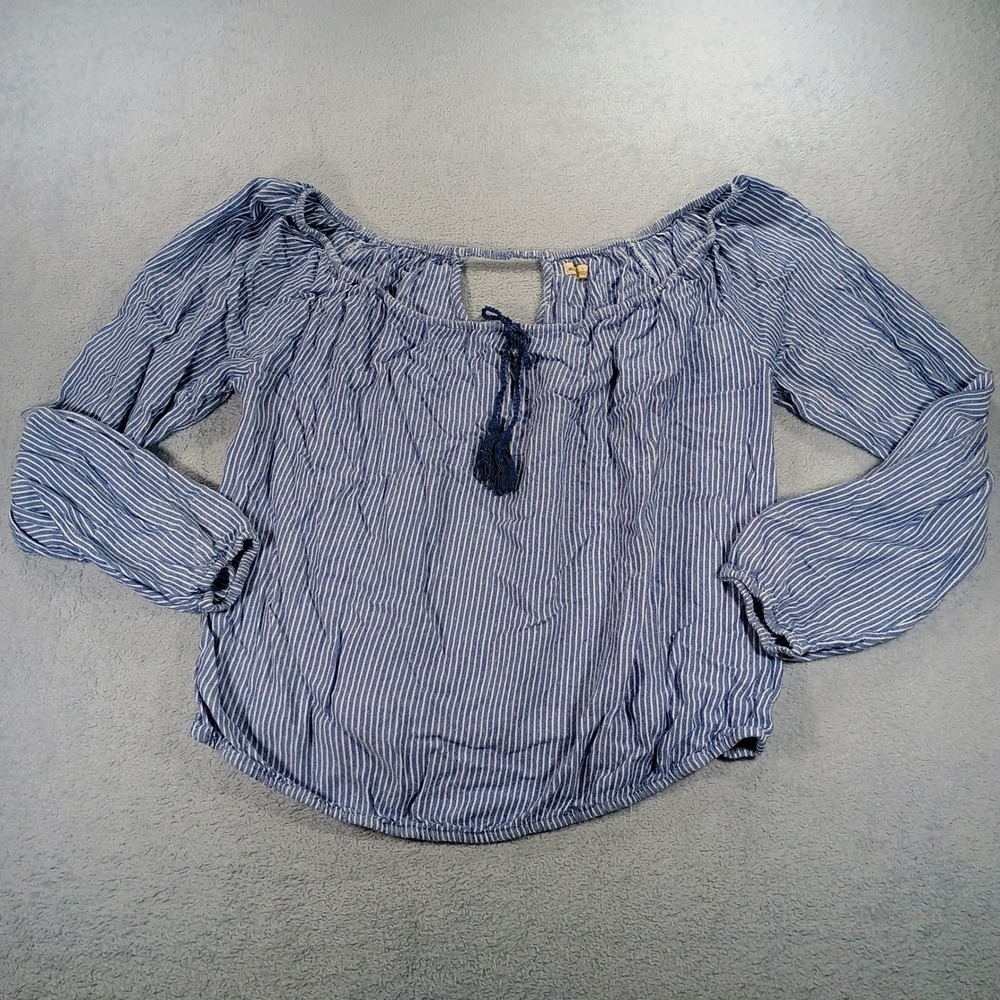 Hollister Womens Off The Shoulder Blouse Blue White Striped Large Tassel Boho